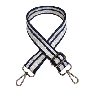 Detail of adjustable 3.8cm shoulder strap with blue silver stripes and metal hooks