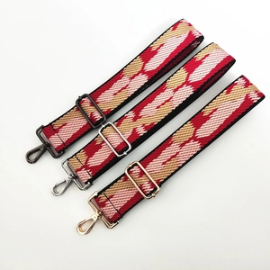 5cm woven geometric bag straps with gold, silver, and black metal hooks on white background