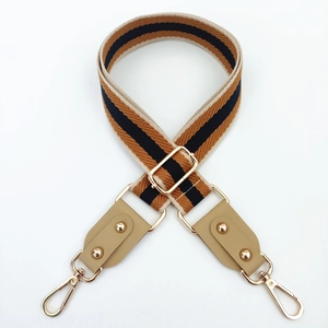 Detail of adjustable woven canvas strap with gold lobster clasps and hardware