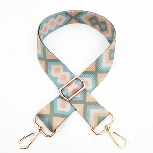 Close-up of geometric diamond pattern weave on wide ethnic style adjustable shoulder strap
