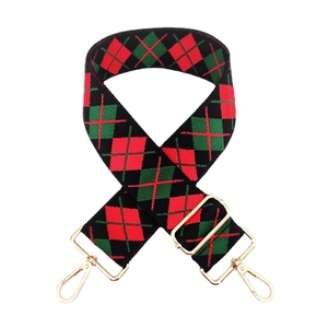 Adjustable argyle jacquard shoulder strap with red green diamond pattern and gold hardware