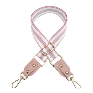 Pink and white striped adjustable bag strap with golden metal hardware and swivel hooks