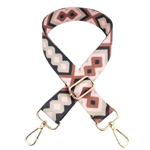 Colorful geometric diamond woven wide shoulder strap with gold metal buckles on white background