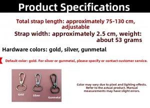 Adjustable 2.5cm bag strap detail with swivel metal hooks in gold silver and black