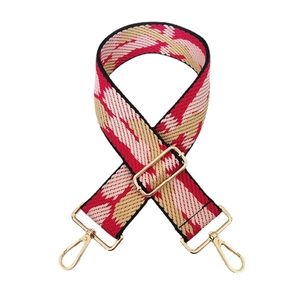 Adjustable colorful wide shoulder strap for bags with red geometric pattern and gold hooks