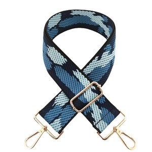Adjustable wide replacement bag strap with blue camo pattern and gold metal hooks