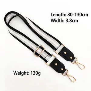 Adjustable 3.8cm wide striped shoulder strap with silver glitter and gold metal hooks