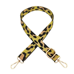 Close-up of leopard print bag strap with golden lobster clasps and adjustable buckle