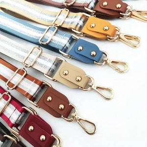 Adjustable colorful striped canvas bag straps with silver thread and gold metal hardware