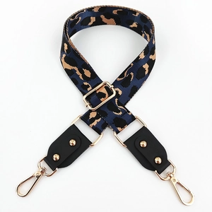 Adjustable wide leopard print bag strap in navy and khaki with gold metal hardware
