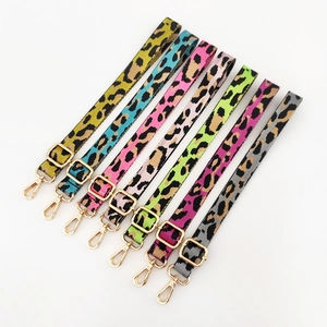 Adjustable leopard print bag straps with gold metal lobster clasps in multiple colors