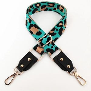 Detail of adjustable leopard print bag strap with turquoise pattern and gold lobster clasps