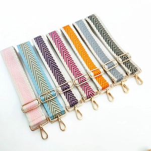 Detail of adjustable colorful chevron woven straps with premium gold metal swivel hooks
