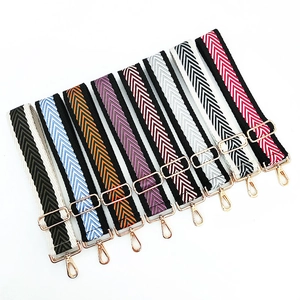 Close-up of colorful herringbone patterned adjustable shoulder straps with gold metal hooks