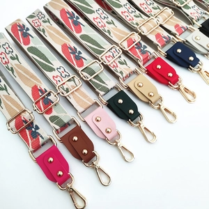 Adjustable floral jacquard handbag strap with colorful embroidery and golden hardware