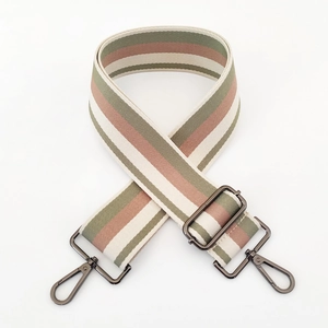 Detail of 5cm wide striped bag strap with premium gunmetal metal swivel hooks and buckles