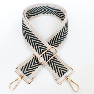 Detail of adjustable woven chevron strap with gold metal buckles for crossbody bags