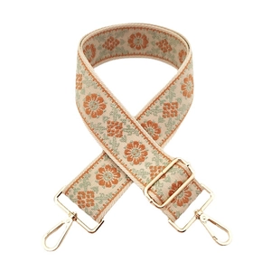 Adjustable wide jacquard bag strap with vintage floral pattern and gold metal hooks