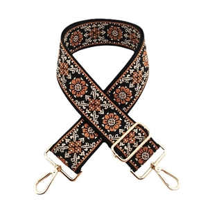 Ethnic wide embroidered handbag strap with floral pattern and gold metal buckles