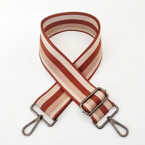 Close-up of 5cm wide striped canvas strap with vintage metal hooks and adjustable buckle