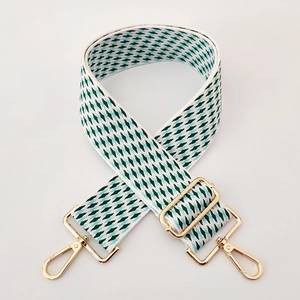 Detail of adjustable 5cm wide woven shoulder strap with green and blue geometric patterns