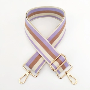 Adjustable 5cm wide striped bag strap with purple and brown weave and gold metal hooks