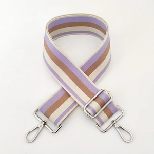 Detail view of 5cm thickened striped canvas bag strap with silver metal swivel hooks
