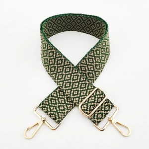 Adjustable 5cm wide jacquard bag strap with green geometric pattern and gold hooks