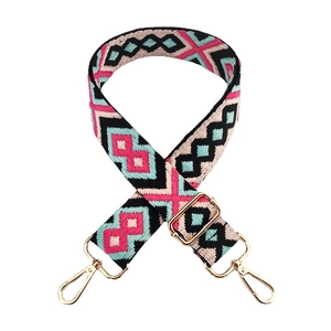 Colorful geometric jacquard wide shoulder strap with golden metal buckles for women bags