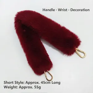 Short 45cm burgundy faux fur bag strap with gold lobster clasps for handbags