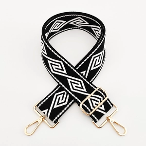 Detail view of 5cm wide geometric woven strap with adjustable golden metal hooks