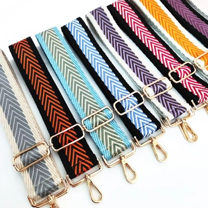 Detailed view of colorful herringbone patterns on adjustable crossbody bag straps