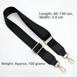 Adjustable black nylon bag strap 3.8cm wide and 80-130cm long with gold hooks