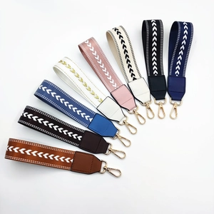 Multi-colored woven wrist straps with V-pattern textures and golden swivel metal hooks