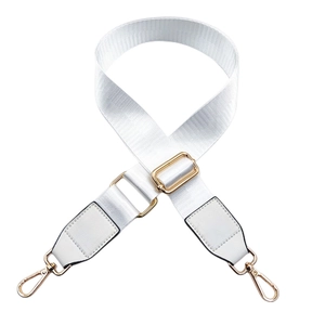 White nylon replacement bag strap with golden metal hardware and leather ends