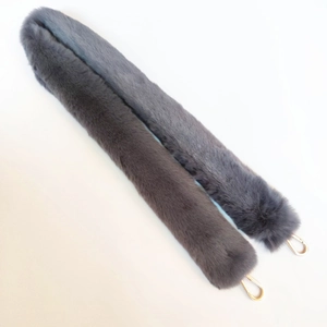 Close-up of dark grey faux fur bag strap with gold metal spring buckles for handbags