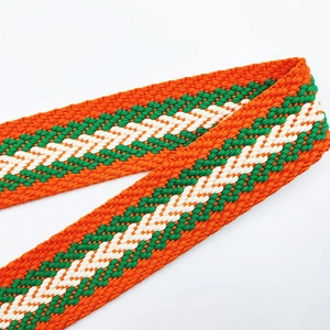 Close-up of thick 3.8cm woven shoulder strap with orange and green geometric pattern