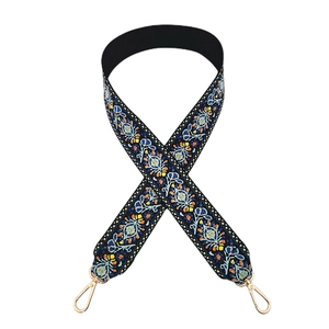 Ethnic bohemian style floral embroidered wide guitar strap with golden metal lobster clasps
