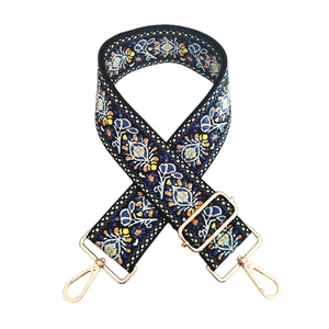 Ethnic bohemian embroidered wide shoulder strap with golden metal hardware and deep blue base