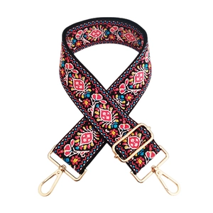 Ethnic style wide embroidered shoulder strap with floral patterns and gold metal hooks