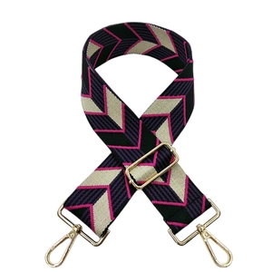 Close-up of colorful chevron jacquard woven bag strap with gold lobster clasps and buckles