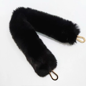 Detail of fluffy black faux fur bag strap with shiny gold lobster clasps on white background