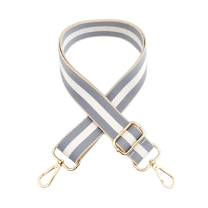 Bandoulière réglable en toile à rayures grises et blanches avec boucles dorées polies