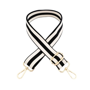 Bandoulière réglable en coton à rayures noires et blanches avec crochets dorés