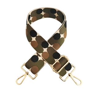 Detail of adjustable 5cm jacquard bag strap with gold metal hooks and geometric pattern