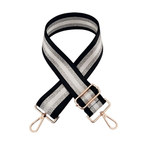 Adjustable striped nylon bag strap with silver thread and gold metal swivel hooks