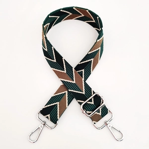 Detail of colorful jacquard geometric strap with silver metal swivel lobster hooks