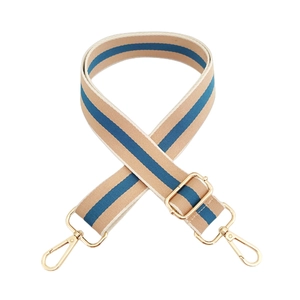 Détail de la bandoulière tissée réglable à rayures kaki et bleu marine avec mousquetons