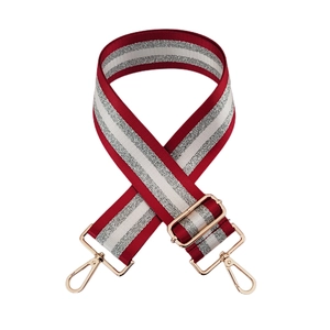 Detail of burgundy and silver woven bag strap with adjustable light gold buckle