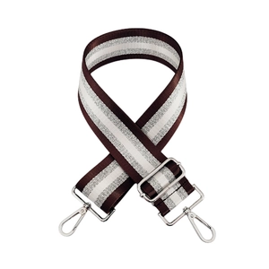 Adjustable striped nylon bag strap with silver metallic thread and swivel lobster clasps